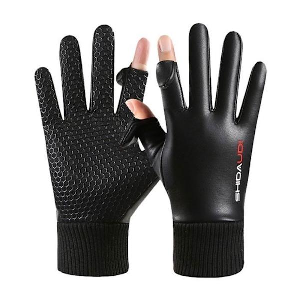 PU-läder Flip-Up Tvåfingerhandskar, Varma, Vattentäta, Köldtåliga Handskar, Utomhuscykling, Bilkörning och Fiske, Vinter xl black