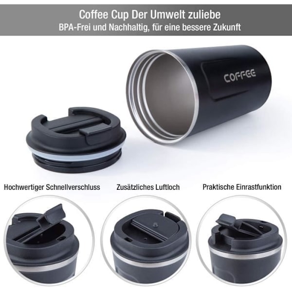 Isolerad Mugg - Rostfritt Stål - 380 ml - Läcksäker - BPA-fri - Svart Black