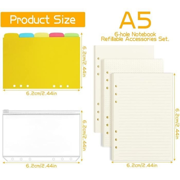 A5 Ark, 120 Sidor Blankt Papper + Linjerat Papper + Prickat Papper, 6 Hål A5 Refill Papper Med 5 Avdelare