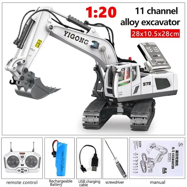 1:20 RC Grävmaskin Lastbil Crawler 2.4G Fjärrkontroll Byggleksak Barn Ingenjörsfordon Leksaker för Pojkar Barn Presenter 11CH-White-Excavator
