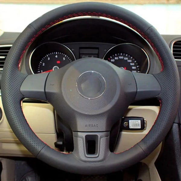 Handsydd svart konstläder rattöverdrag för Volkswagen Golf 6 MK6 VW Polo MK5 2010 2011 2012 2013