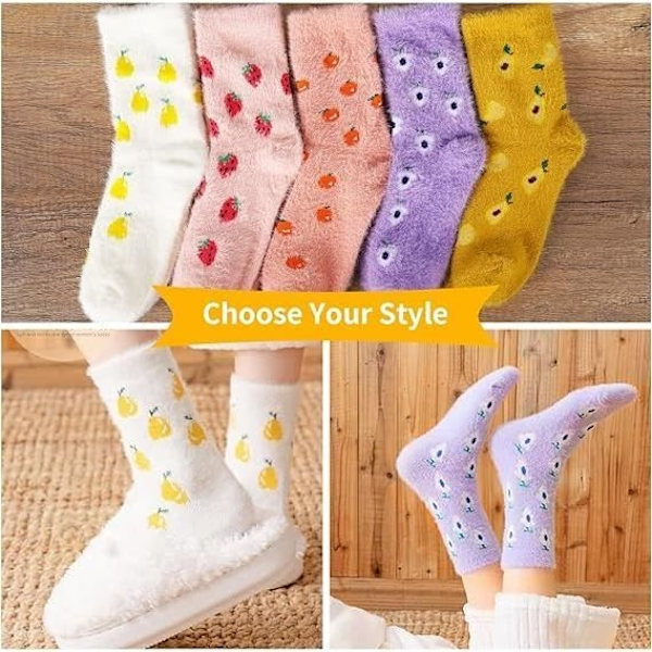 Vintersockor, 5 par halkfria mjuka fruktsockor, varma höstsockor för damer, för promenader, sport, sömn