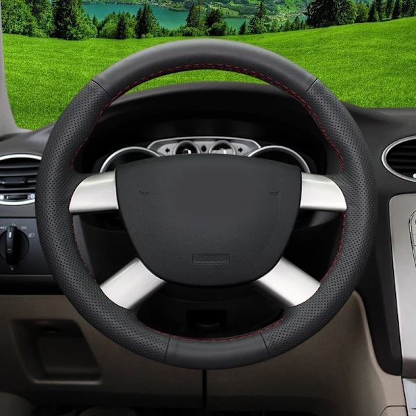 Tillbehör trim äkta läder bil rattöverdrag för Ford Focus 2 C-Max Kuga 2005 2006 2007 2008 2009 2010 black line