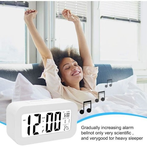 Uppladdningsbar digital väckarklocka, LED-väckarklocka med temperatur, snooze-funktion, 12/24H-konvertering, kalender