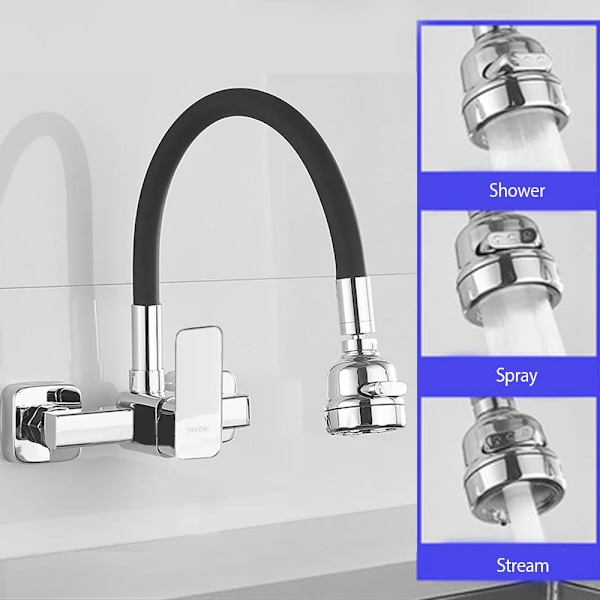 Svart krom kökskran flexibel slang väggmonterad 2-vägs varm kallvatten handfat kran dubbelhål 360 graders rotationsspray C1