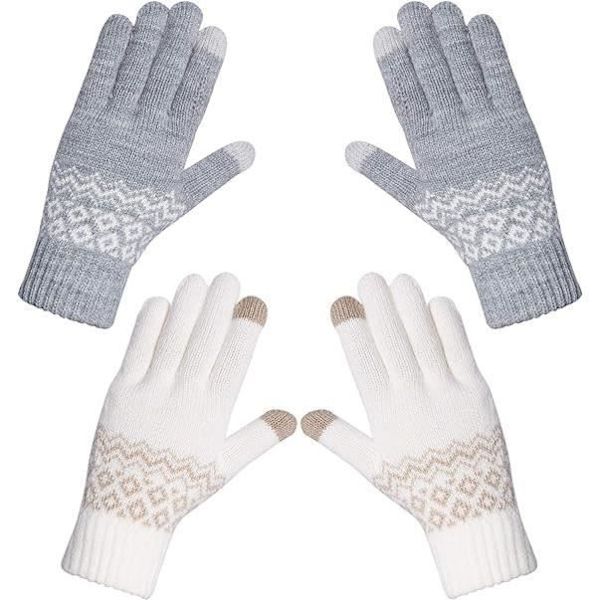 Vinterhandskar - Dam - Stickade - Pekskärm - Termofoder - 2 Par gray, white