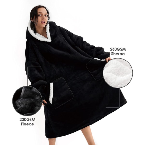 Oversized filt hoodie barn, sherpa fleece Snuggle hoodie filt, fluffig mysig bärbar huvfilt, svart, 66x80 cm