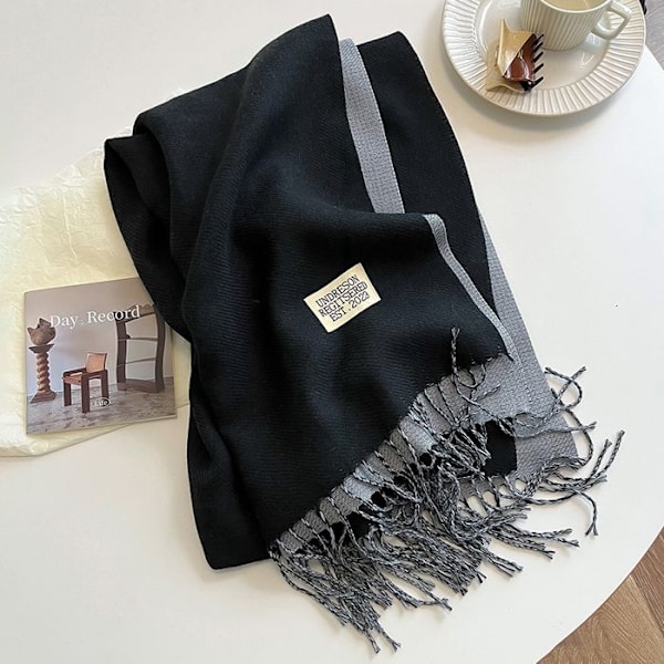 Lyxigt varumärke Cashmere Scarf för kvinnor, Pompom Bandana, Wrap Shawl, Pashmina, Tippet - Svart Grå