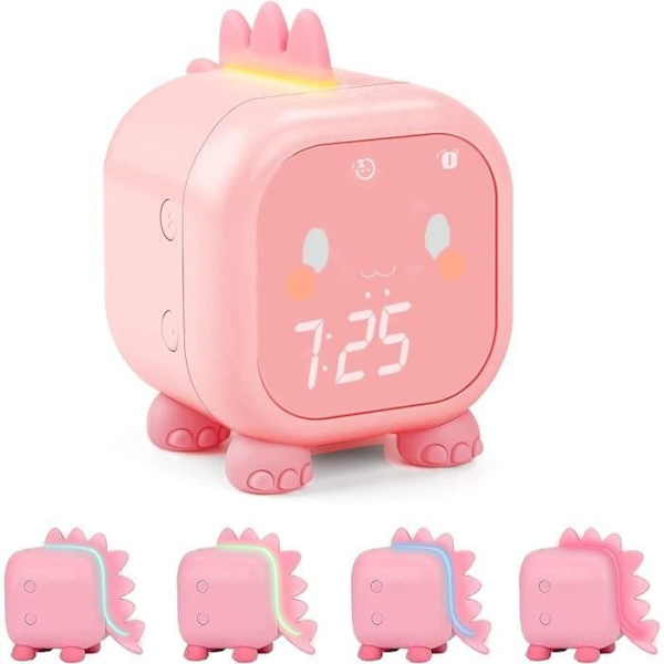 Söt Digital Väckarklocka med Dinosaurie för Flickor, Väkningslampa och Nattlampa med Musikpåminnelse, Tid och Inomhustemperatur (Rosa) Pink Dinosaur