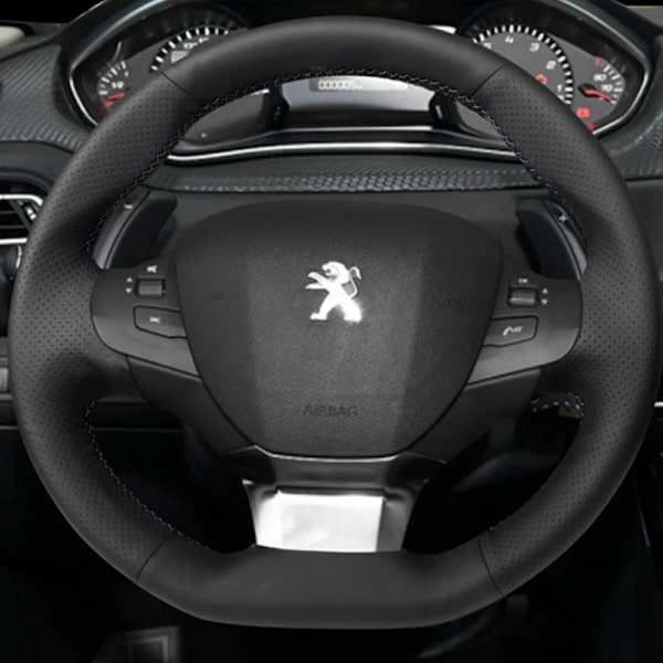 DIY svart läderrattöverdrag för Peugeot 308 2014-2017 mikrofiberläder rattöverdrag biltillbehör