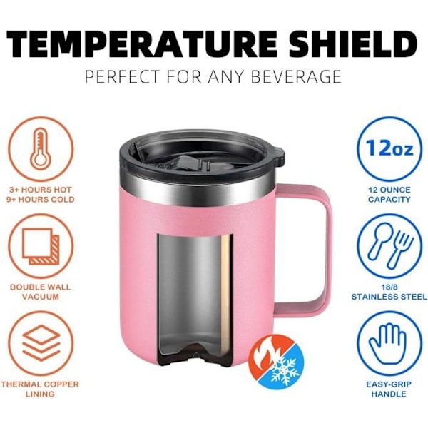 12Oz Rostfri Stål Isolerad Kaffemugg, Dubbelväggig Vakuum Resemugg Rosa