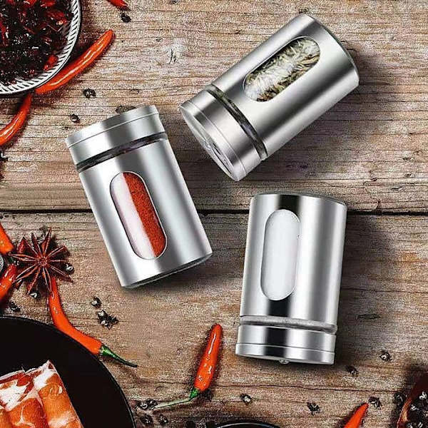 3-delad kryddskakare kryddburk, kryddburk i rostfritt stål, mini kryddflaska i glas, kryddbehållare, O