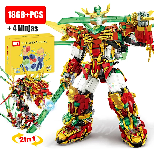 2-i-1 Ninja Röd Krigare Robotstridsmekanism Flygande Elddrake Set Stridande Figurer Byggklossar Leksaker för Barn Pojkar Julgåva 1868PCS-Without Box