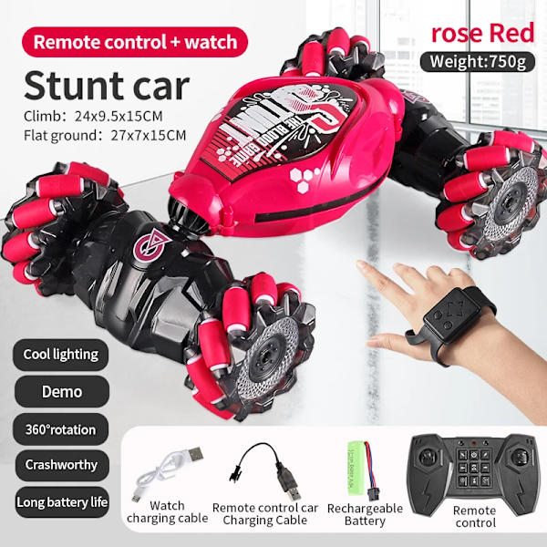 4WD RC Stuntbil med fjärrkontroll, 2.4G radio, geststyrning, rotation, musik, ljus, vridbara bilar, hög hastighet, leksak för barn YKC2071PRO-R