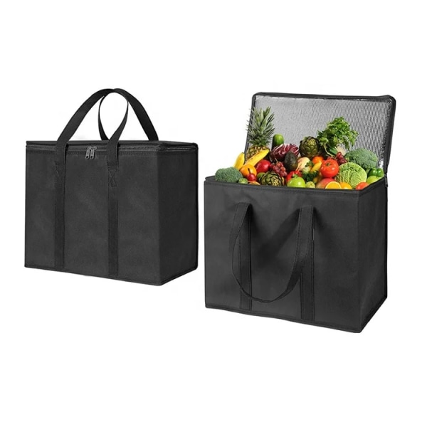 Custom large heavy duty black handle non woven cooler bag insulated food delivery grocery tote bag black