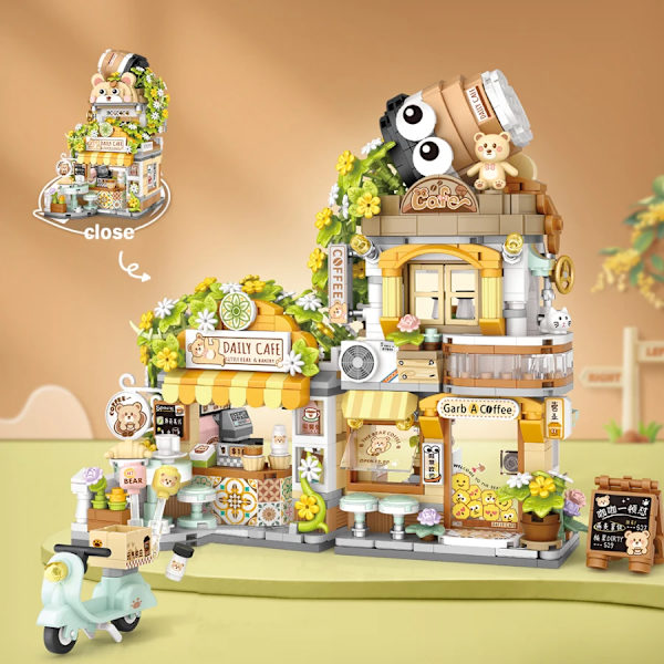 Ny söt liten björncafé blomsterbutik panda tehus mini vikbar byggsten DIY montering pussel leksaker för barn vuxna gåvor 2sets with box