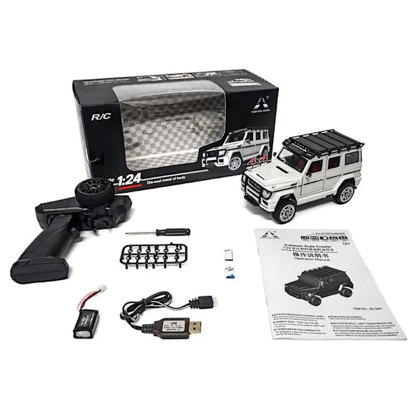 Radiostyrd bil 2.4ghz legering metall rc bil terränggående 10km/h 1:24 led-ljus terränglastbil leksak för pojkar barn presenter white
