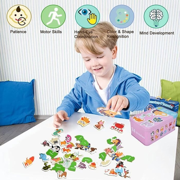 Träpussel Leksaker För Barn, Montessori Leksaker För 1 2 3 4 År Gamla, Djurpussel För Bebisar (24-pack)