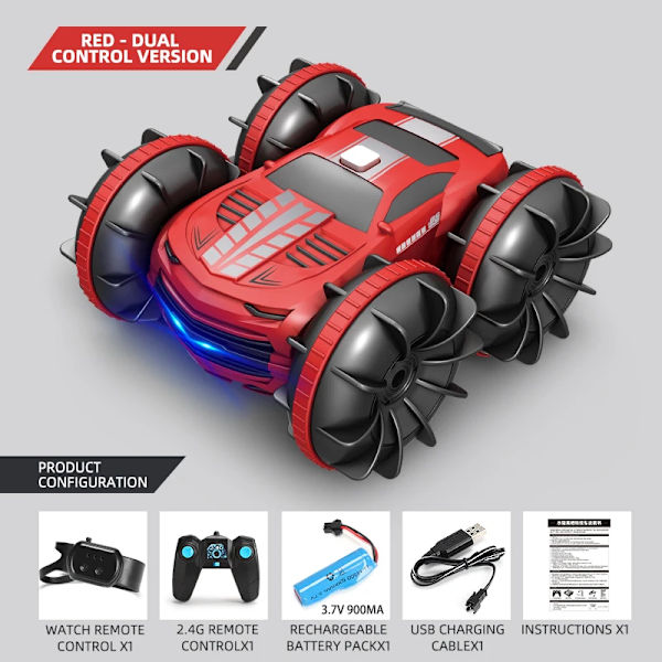 2-i-1 RC-bil 2,4 GHz fjärrstyrd båt vattentät radiostyrd stuntbil 4WD fordon terrängstrand poolleksaker för pojkar Red Dual Remote