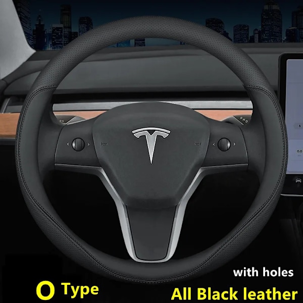 Rattstyrningsöverdrag i äkta nappa-läder för Tesla Model 3 Y 2019 2020 2021, 4 årstider, 36-39 cm diameter, bilinteriörtillbehör 38 D Black WH