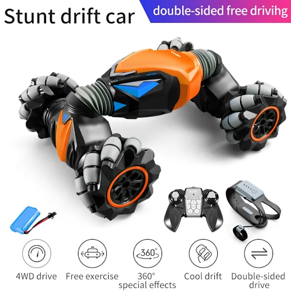 RC-bil 4WD radiostyrd stuntbil geststyrning vridning terrängfordon ljus musik drift leksak hög hastighet klättring RC-bil Orange-1B-Watch