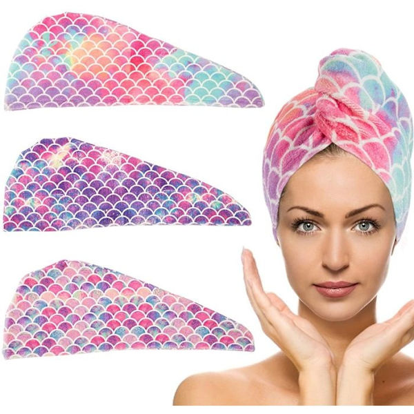 3-pack Mikrofiber Hårtorkhandduk - Superabsorberande Torr Hårinpackning med Anti-Frizz-knapp, Hårmössa