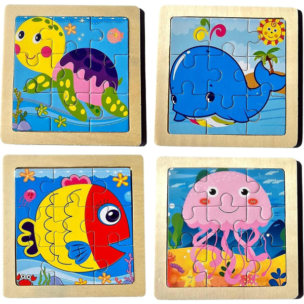 Ocean Animal Puslespil - sæt med 4, 9 stykker hver, pædagogisk gave til småbørn, drenge, piger og børn i alderen 2-6+