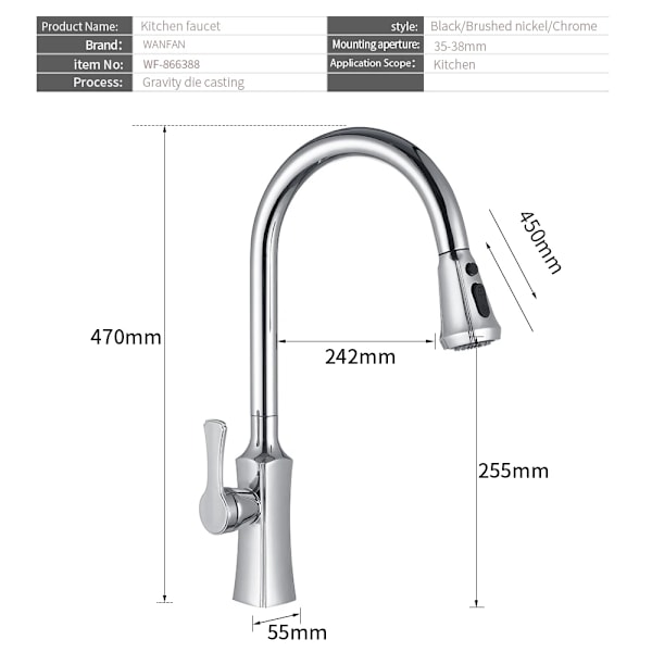 Kökskranar krom torneira para cozinha de parede kran för kök vattenblandare svart diskbänksblandare 866388 Chrome