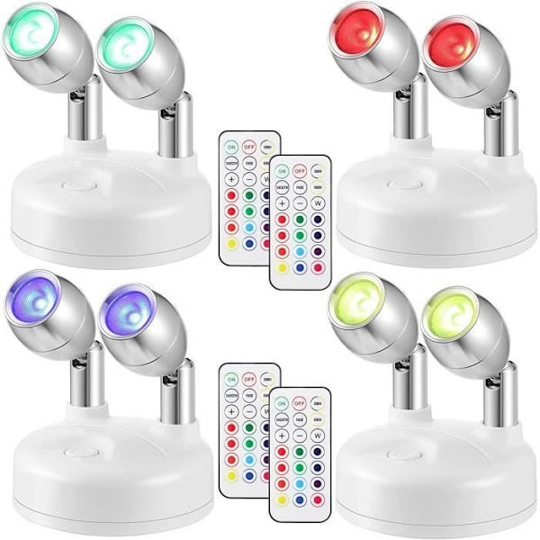 Set med 4 Justerbara LED-spotlights för inomhusbruk Trådlösa Batteridrivna LED-projektorer RGB 13 Färger Dubbelhuvud med Fjärrkontroll, Vit
