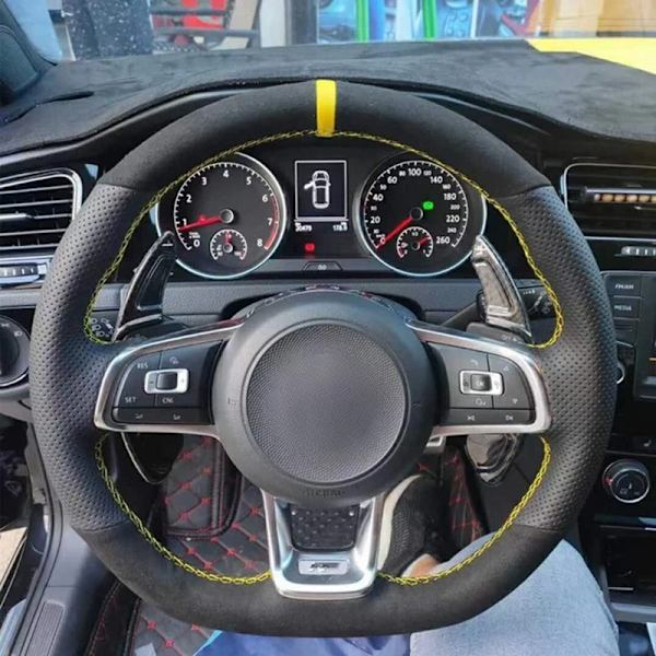 Rattstyrningsöverdrag för Volkswagen VW Golf R MK7 Golf 7 GTI VW Polo GTI Scirocco 2015 2016 Svart mocka äkta läder Style 12