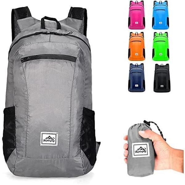 Vandringsryggsäck - Grå - Vikbar - Ultralätt 20L - Vattentät - Unisex Gray