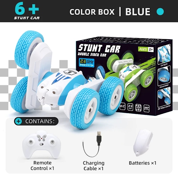Nyaste mini rc stuntbil dubbelsidig 2.4g 4wd radio fjärrkontroll voltande körbilar present elektroniska leksaker för barn pojke jul Blue Box 1B