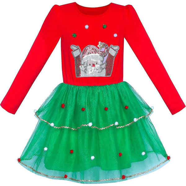 Tyttöjen mekko pitkähihainen joulupöllö, kimalteleva paljettitylli 7 Red Green Santa