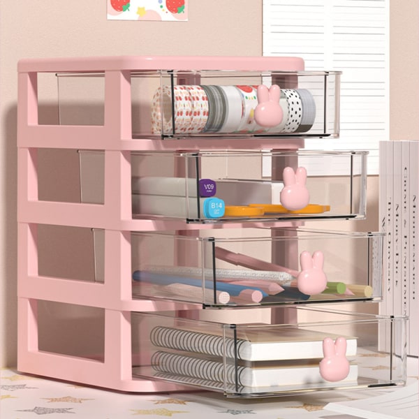 Skrivebordsopbevaringsboks Flerlags gennemsigtigt plastik Kaninhåndtag med stor kapacitet Lille skuffer til bogpen Office Pink, 5 etager (13,4x17x26cm)