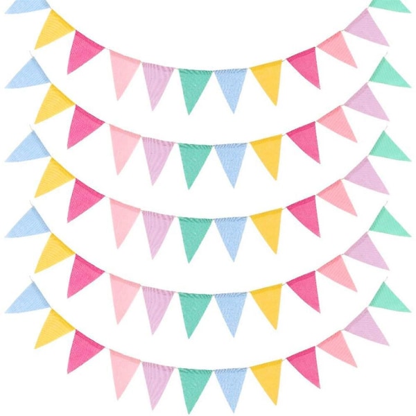 Flerfarget faux linvimpelkrans - 60 trekantede vimpler - bryllup, bursdag, festivaldekorasjon - 5 bannere