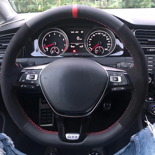 Anti-halk svart äkta läder mocka rattöverdrag fläta gör-det-själv för Volkswagen VW Golf 7 MK7 nya Polo Jetta Passat B8
