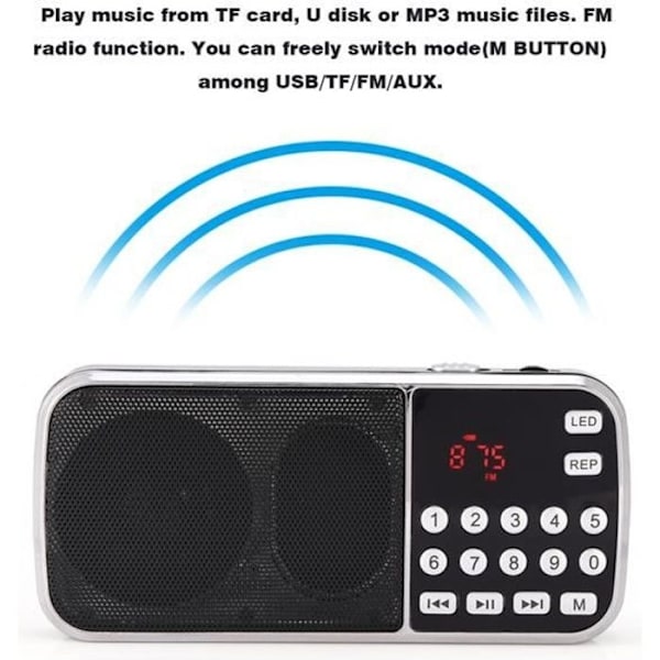FM-radio, bärbar digital musikspelare, LED-högtalare, ficklampa med stöd för FM-radio TF-kort USB Aux-Duo Black