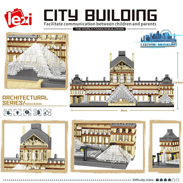 Lezi 8040 världens arkitektur mini byggstenar Paris Louvren museum 3D modell DIY diamant tegel leksak för barn gåvor with no box
