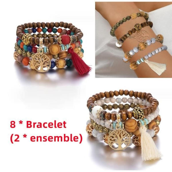 Armband - Livets Träd - Kvinnor - Elastisk - Träpärlor - Röd Och Beige red, beige