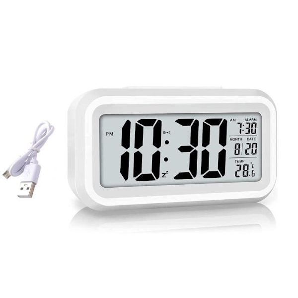 Uppladdningsbar digital väckarklocka, LED-väckarklocka med temperatur, snooze-funktion, 12/24H-konvertering, kalender