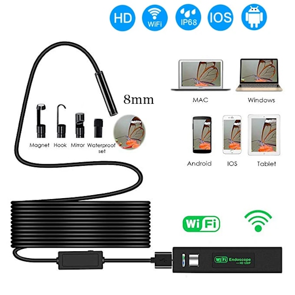 1200p HD WiFi Endoskopkamera USB IP68 Vattentät Boreskop Mjuk Kabel Slang Trådlös Videoinspektion för Android/iOS 1200P soft Cable 1m 8mm