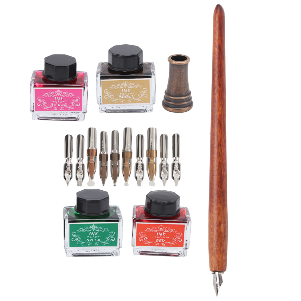 Dip Pen 4-farge fyllepenn i tre med utskiftbar nib Kit Kalligrafi SkrivesettSP098045 (Branneffekt) Mørkebrun Pen Bar