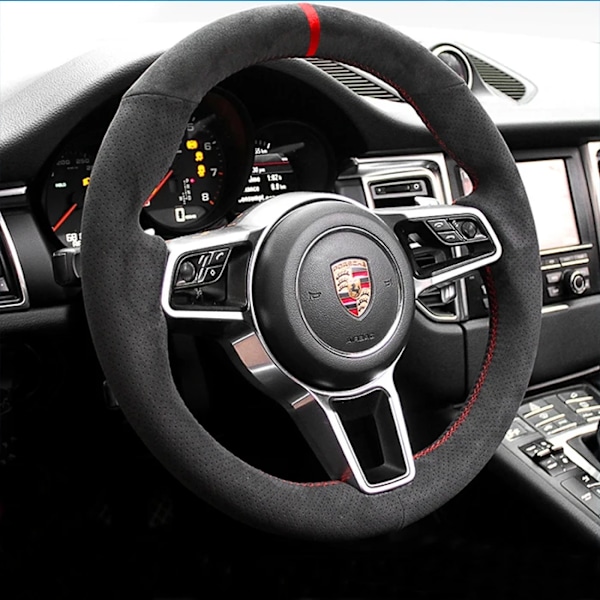 Handsydd rattöverdrag i svart kolfibermocka med halkfritt grepp för Porsche Taycan Cayenne Macan Panamera 718 911 style 1
