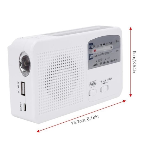 Bärbar solcellsradio - Rui - Handvev - AM/FM - LED-belysning - Telefonladdare White