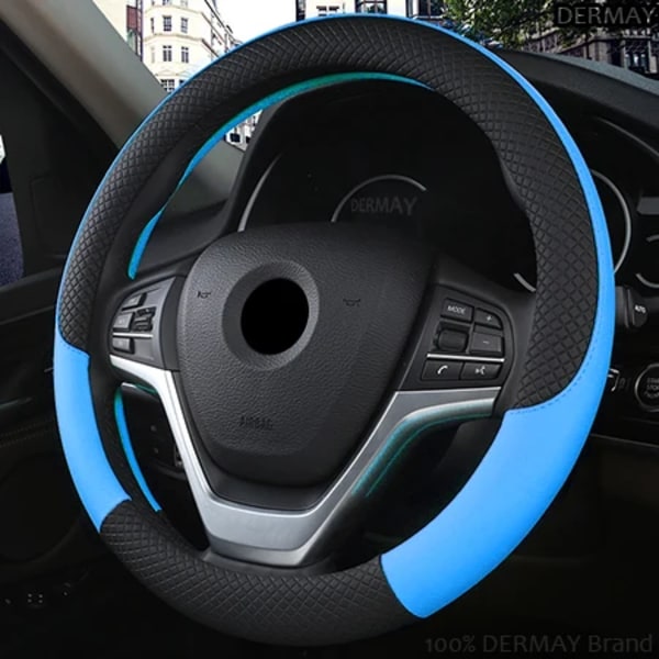 100% Dermay Märkesläder Universal Bilrattstyrningsöverdrag 37cm-38cm Bilstyling Sport Auto Rattöverdrag Halkskydd Blue