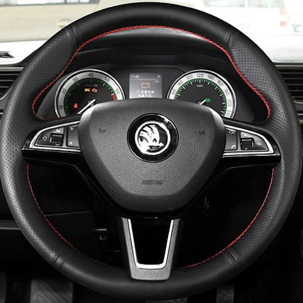 DIY svart konstläder rattöverdrag för Skoda Octavia 2015-2019 Fabia Kodiaq Citigo Superb Scala