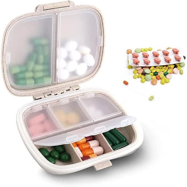 Rese Pillerask, 8 Fack Liten Portabel Pillerask, Ficka Daglig Pillerorganisatör För Piller, Vitaminer, Tillbehör (Beige)