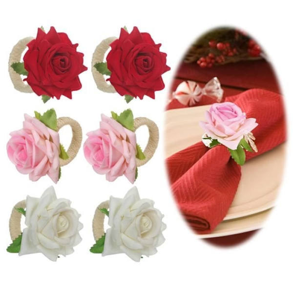 Servettringar - Ospecificerad - 6 st - Konstgjord blomma - Linne - Rosdesign Pink