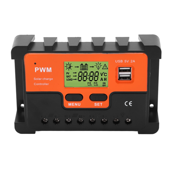 PWM Solar Controller 12V/24V Automatisk identifiering 28AWG till 10AWG 10A Solar Charge Controller med LCD 2 USB 5V Output