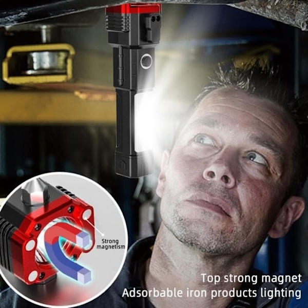 Superstark LED-ficklampa, USB-uppladdningsbar, med säkerhetshammare, sidolampa, portabel lykta, röd